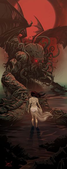 a woman standing in the middle of a body of water next to a giant monster