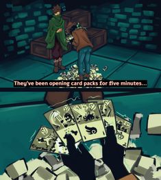 two people standing next to each other in front of a pile of money and the caption says they've been opening cards for five minutes