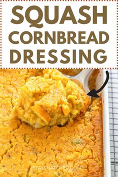 This image shows a recipe for squash cornbread dressing. Squash Dressing Recipe, Squash Cornbread Recipe, Squash Cornbread, Butternut Squash Recipes Healthy, Southern Squash, Squash Dressing, Butternut Squash Casserole, Yellow Squash Casserole, Chicken Cornbread