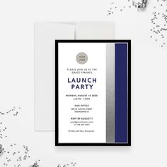 a blue and white party card with the word launch party on it