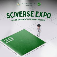 an advertisement for science expo with a miniature man standing on top of a green square