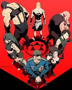 an anime character surrounded by other characters on a red and black background with the word x - men