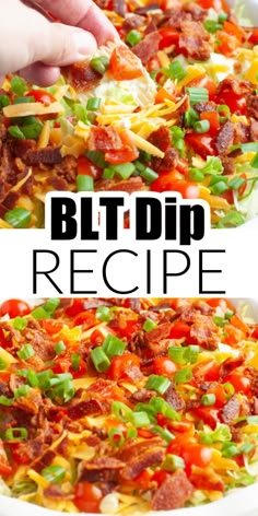 two pictures with the words blt dip recipe in black and white