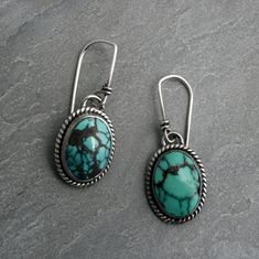 Matrixed Turquoise Earrings Sterling Silver Turquoise - Etsy Bohemian Oval Cabochon Earrings, Sterling Silver Turquoise Cabochon Earrings, Nickel-free Oval Turquoise Earrings, Southwestern Oval Earrings As Gift, Southwestern Oval Earrings For Gift, Handmade Oval Turquoise Earrings, Turquoise Frame, Silver Turquoise Earrings, Handmade Clay