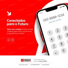 a red and white advertisement with a phone on it's screen, which reads conectadors para o futuro