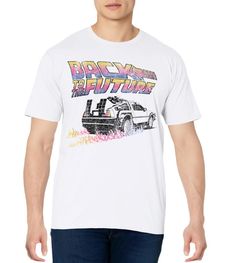 a man wearing a white t - shirt that says back to the future