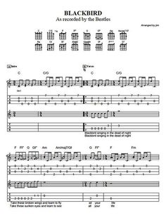 sheet music with the words blackbird on it and an image of guitar tabs