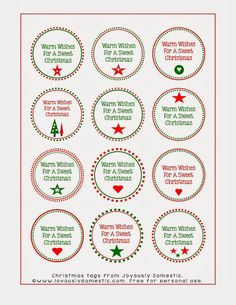 christmas tags with the words warm wishes for a merry season and red, green and white circles