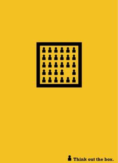 a yellow poster with the words think out the box and people in squares on it