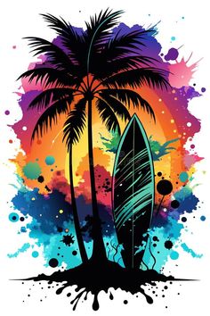 A surfboard stands vertically with a vibrant design featuring a beach sunset and ocean waves stock photo Hawaiian Pictures, Surf Boards Wallpaper, Cool Surfboard Designs, Surfing Wave Illustration, Wake Surfing, Surfer Silhouette Painting, Sun City Resort, Surfing Vector, Surfboard Stand