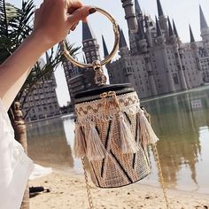 Beige Bucket Handbag Tassels Woven Pattern With Golden Metal Handle Summer Party Woven Bag, Bohemian Woven Party Bag, Elegant Summer Bags With Fringe, Vintage Leather Backpack, Boho Handbags, Bucket Handbags, Wicker Bags, Lv Bags, Straw Tote Bag