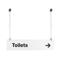 a white sign with the words toilets hanging from it's sides and an arrow pointing up