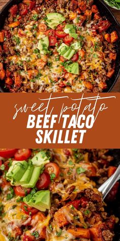 sweet potato beef taco skillet topped with avocado and tomato Beef Taco Skillet, Taco Skillet, Healthy Taco, Sweet Potato Tacos, Healthy Ground Beef, High Protein Dinner, Ground Beef Recipes Healthy, Protein Dinner, Beef Taco