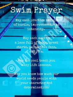 a swimming pool with the words swim prayer written on it and an image of a swimmer in