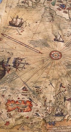 an old map with ships and other things on it