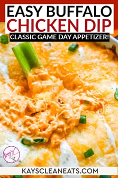 easy buffalo chicken dip recipe in a bowl with celery and cheese on top