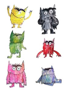 four different colored monsters with big eyes and long legs, all standing in the same direction