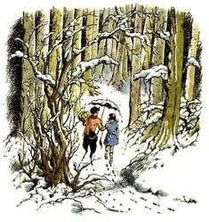 two children are walking through the woods in the snow, one is holding an umbrella