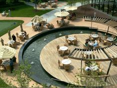 an aerial view of tables and umbrellas on a deck near a pond in the middle of a park