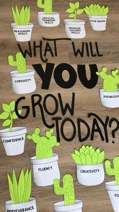 a poster that says what will you grow today? with cacti and succulents