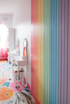 there is a room with colorful walls in it