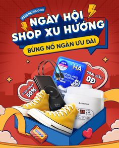 an advertisement for a shoe store with shoes and other items on display in front of a red background