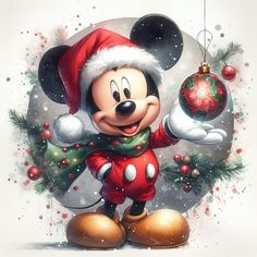 a mickey mouse christmas ornament with a santa hat and scarf on it's head