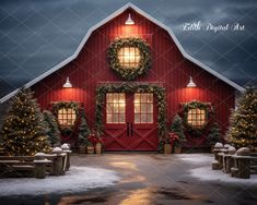 a red barn decorated for christmas with wreaths and lights