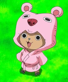 a cartoon character in a pink bear outfit standing on the grass with his hands behind his head