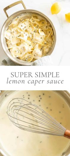 lemon caper sauce in a pan with a whisk on top and the recipe below