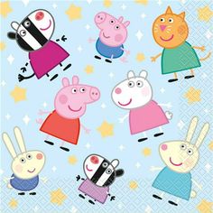 peppa pig and friends are flying through the sky with stars on their back,