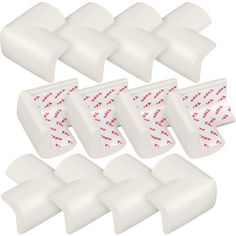 ten white foam ear plugs with red lettering on the side and one for each