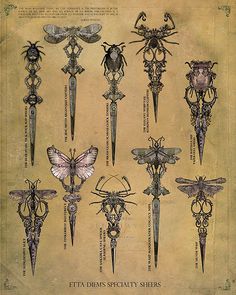 an old book with many different types of swords and bugs on the pages, all in various