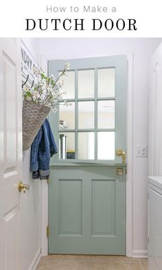 a green door with a basket hanging on it