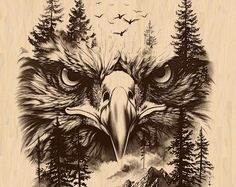 an eagle with mountains and trees on it's face is shown in this wood burning stencil