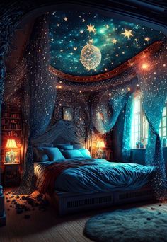 a bedroom decorated in blue and green with stars on the ceiling