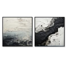 two black and white paintings on the wall