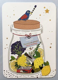 a card with a bird sitting on top of a jar filled with lemons and other items