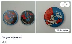 two badges with the same image on them, one has superman and the other has spider man