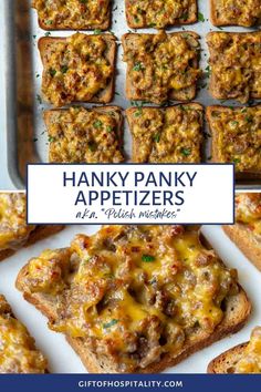 many different types of appetizers are shown with text overlays that reads, hanky panky appetizers