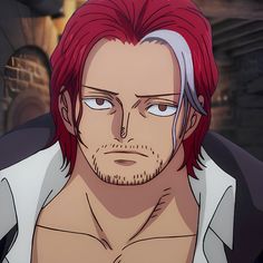 an anime character with red hair and white shirt looking at the camera while he stares into the distance