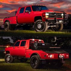 two pictures of a red truck in the grass