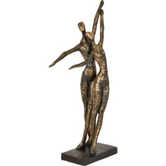 Cast in bronze resin, this sculpture captures a tender scene of a couple celebrating in dance. Elegant and poised, the male's arms are raised above him by the female figure, with his chin gently resting atop her head as a sign of shared joy and support. At 42cm high, this is a gorgeous piece to add to any home and admire for many years. A timeless reminder of love and companionship, this durable and finely-detailed sculpture will bring a touch of grace and beauty to your home. Dimensions: 20 x 1