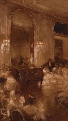 a painting of people sitting in a room with chandeliers on the walls and tables