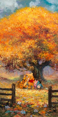 a painting of two teddy bears sitting under a tree