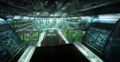 the interior of a futuristic vehicle with plants growing on the walls and doors, as well as an escalator