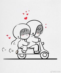 two people riding on a scooter with hearts flying around the top and bottom