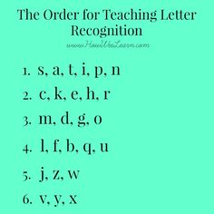 the order for teaching letter recognition is shown in black and white letters on a green background