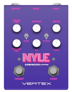 the new york style guitar effects pedal is shown in purple and pink with different knobs