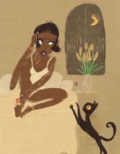 a painting of a woman sitting on a bed next to a black cat and plant